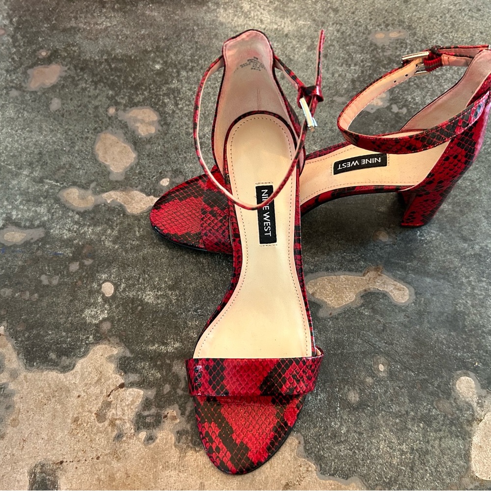 Aldo Red Faux Snake Skin ankle strap, block heeled sandals. Size 8